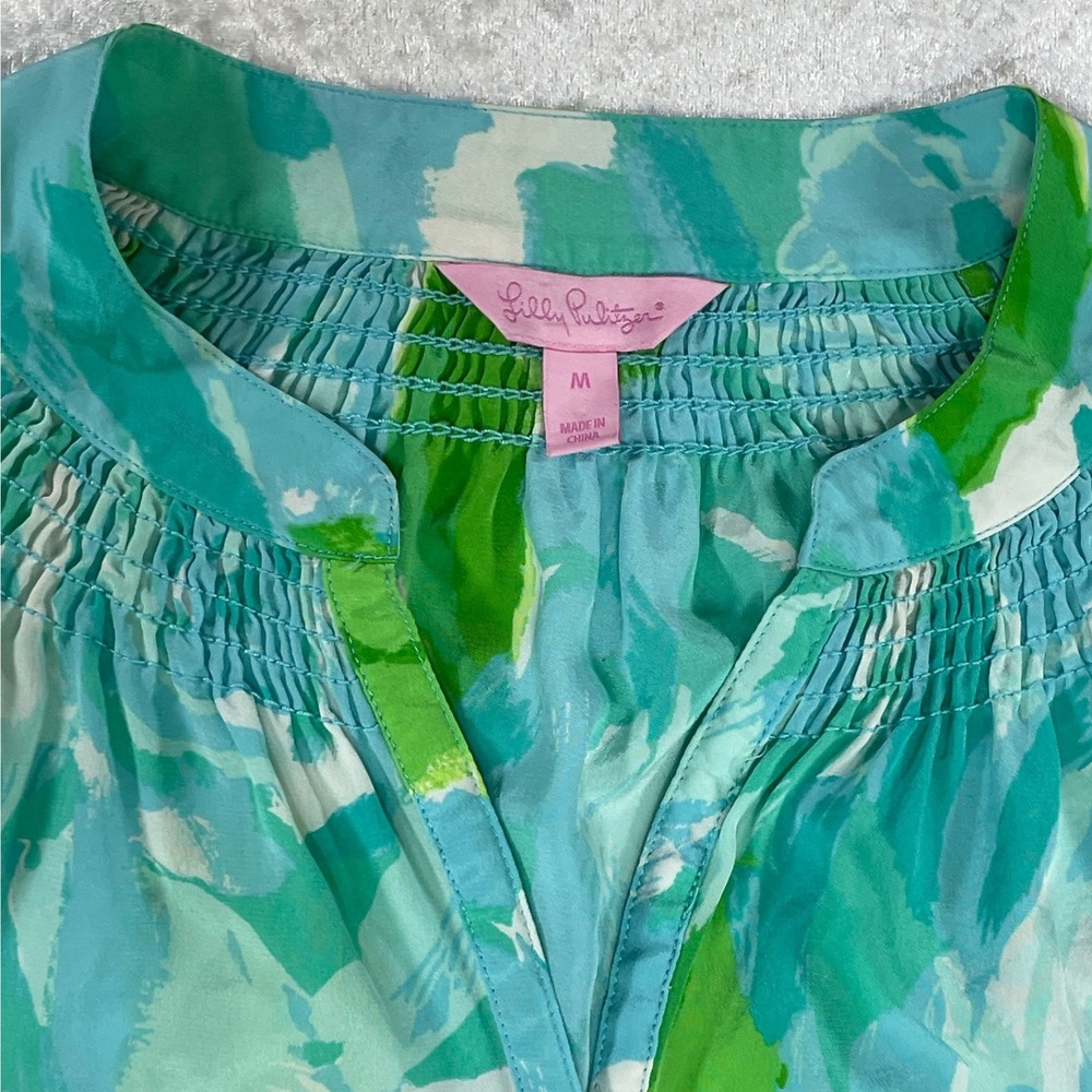 Lilly Pulitzer Blouse Womens M Aqua Green Silk Elsa Floral Excellent Long Sleeve - Picture 2 of 8